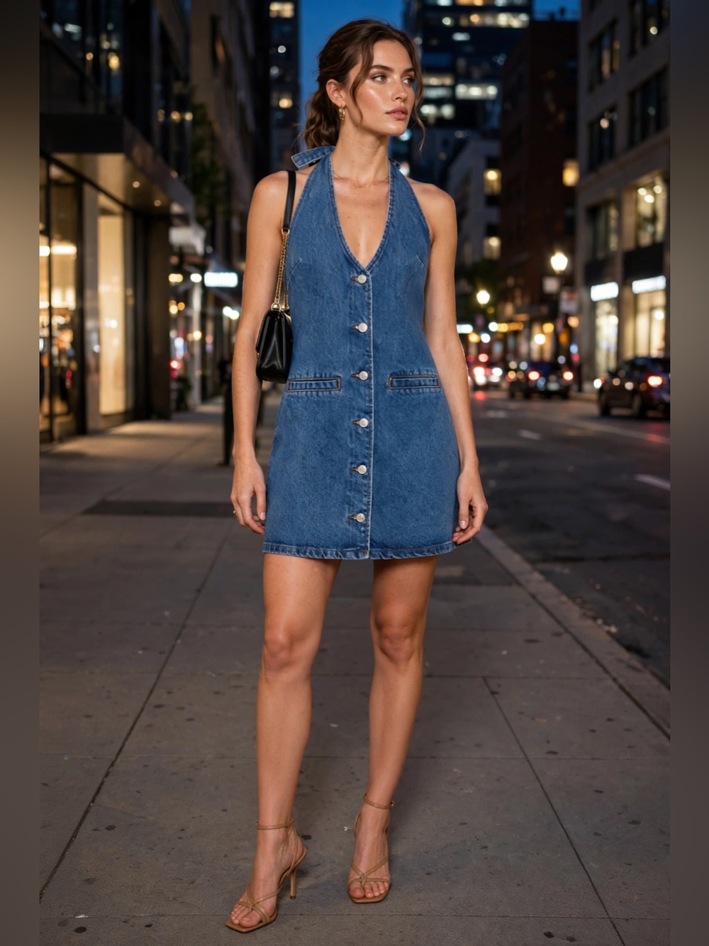 NWT Edikted Destinee Denim Halter Mini Dress Medium Front Button Open Back - Picture 4 of 14